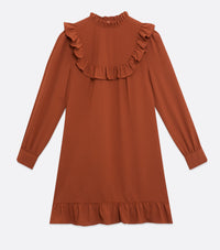 Rust High Neck Frill Smock Dress