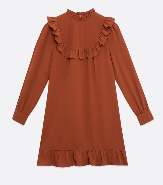 Rust High Neck Frill Smock Dress
