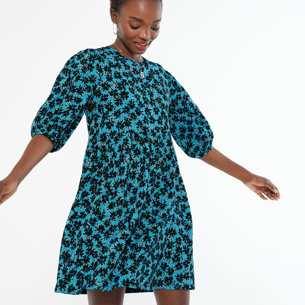 Blue Floral Mini Smock Dress Vendy Blue Floral Mini Smock Dress Vendy